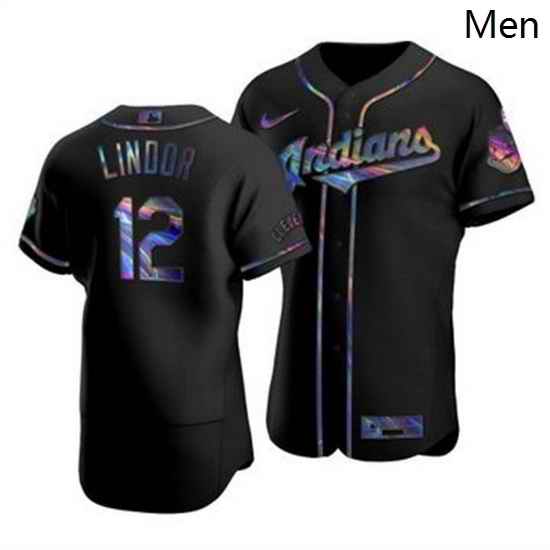Men Cleveland Indians 12 Francisco Lindor Men Nike Iridescent Holographic Collection MLB Jersey Black